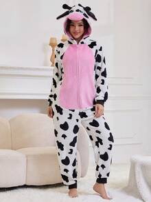 1件装女士保暖法兰绒奶牛印花连体睡衣，蓬松柔软，可爱卡通设计，宽松版型，适合圣诞派对和节日礼物，秋冬季节穿着，舒适保暖 - 白色 - 查看 5