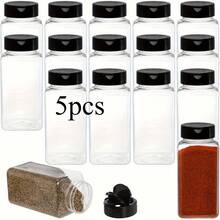 5pcs 520ml/17Oz Clear Plastic Spice Jars Spice Containers Spice Bottles Seasoning Organizer With Black Lids, Square Seasoning Containers With Reusable Salt And Pepper Shakers, Featuring Airtight Lids