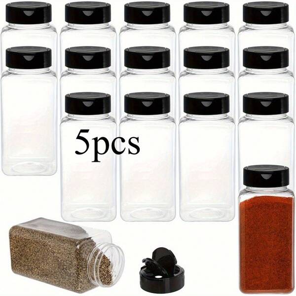 5 piezas Frascos de plástico transparente de 520ml/17Oz para especias, contenedores de especias, botellas de especias, organizador de condimentos con tapas negras, contenedores cuadrados de condimentos con saleros y pimenteros reutilizables, con tapas herméticas