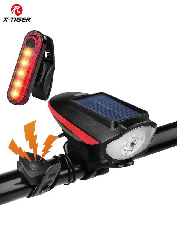 X-TIGER Rechargeable Bicycle Headlight And Taillight Set, 250 Lumens Solar Power Bicycle Front Light, Safe LED Warning Waterproof USB-C 1200mAh, Ultra Bright For Cycling Safety At Night