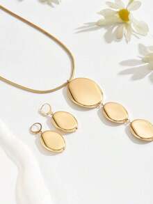 2pcs Gold Metallic Geometric Asymmetrical Ellipse Pendant Necklace & Earrings Set, Exaggerated Extra Long Chain Necklace, Personalized Fashion Jewelry Set, Snake Bone Chain Y-Necklace, For Party, Formal Dress Accessories - 黃金3 - 查看 4