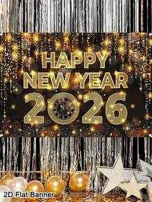 1pc Black Golden Happy New Year Banner 2026 150*100cm Shining Clock Pattern New Year Backdrop Photo Booth Festival Background Cloth Christmas Decorative Wall Hanging Tapestry Room Home Decor Happy New Year 2026 Decorations