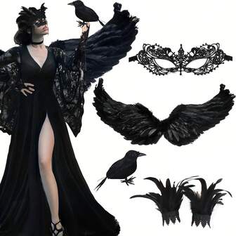 Costume da corvo per donne per Ognissanti, include ali in piume finte, bracciale, collana, maschera per gli occhi in pizzo, accessori per costume da corvo per donne per Ognissanti