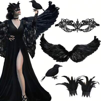 Women'S Halloween Crow Costume Includes Faux Feather Wings, Wristband Necklace, Lace Eye Mask, Crow Props Women Halloween Costumes Accessories