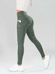 Pantalones de primavera con bolsillo para teléfono y control de abdomen, con estampado de camuflaje - Verde militar - Ver 5