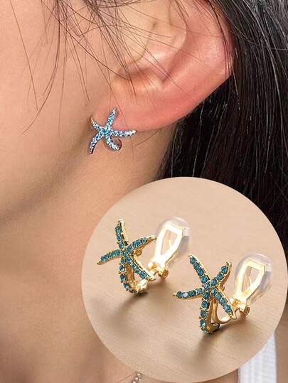 1 Cặp khuyên tai kẹp hình sao biển đính đá thời trang, thanh lịch không xỏ khuyên, thích hợp cho phụ nữ, đeo hàng ngày và làm quà tặng ngày lễ