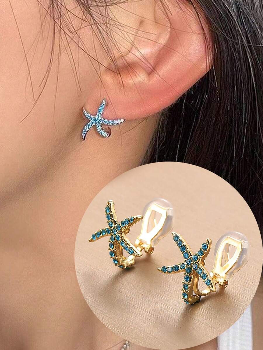 1 Cặp khuyên tai kẹp hình sao biển đính đá thời trang, thanh lịch không xỏ khuyên, thích hợp cho phụ nữ, đeo hàng ngày và làm quà tặng ngày lễ - Kẹp tai - Xem 1