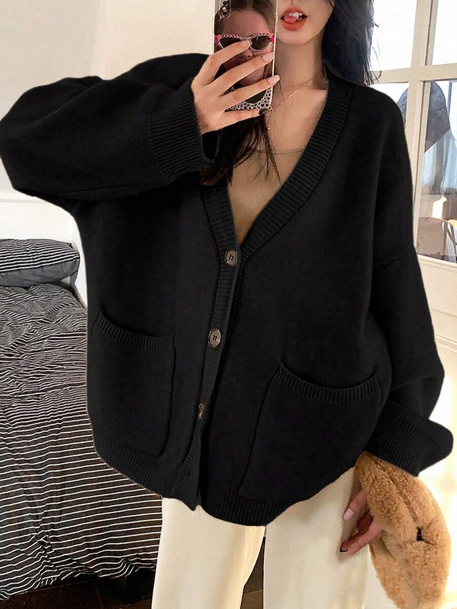 女士纯色口袋休闲宽松针织开衫毛衣，秋冬黑色 - 黑色 - 查看 1