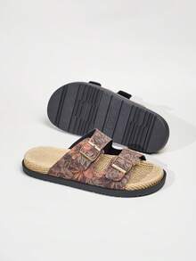 1 Pair Men's Summer Fashion Slide Sandals, Suitable For Daily Outdoor Activities, Beach Leisure Vacation, Metal Double Buckle Design, Adjustable Upper, Fresh Summer Outfit, Indoor Bathroom Slippers, Tropical Print Flip Flops