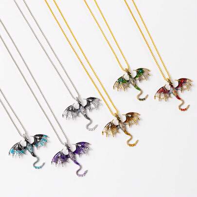 1pc Vintage Drip Oil Cartoon Dragon Shaped Pendant Rhinestone Decorated Animal Couple Necklace, Hip Hop Style