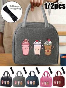 Insulated Lunch Bag With "Cute Cartoon Cat And 4 Coffee Cups" Pattern, Paired With Black Utensil Storage Bag (Pattern Of A Cat Playing With Yarn Ball), And Lunch Box Bag - Multicolor - View 15