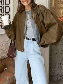 Women Casual Street Fashion Turndown Collar Jacket Vintage Long Sleeve Zipper Loose Coat - Brown - View 2