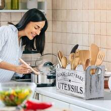 1pc Rustic Wooden Kitchen Utensil Holder, 3-Compartment Wood Storage Box, Countertop & Wall-Mounted Dual-Use Organizer, Multifunctional Kitchen Accessory For Cooking, Eating & Baking Tools Storage - White - View 5