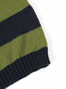 1件青少年男童宽松舒适休闲条纹撞色针织毛衣，长袖加厚针织套头衫，秋冬季