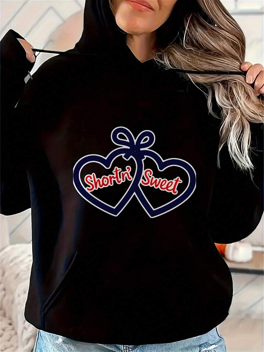 Women'S Black Hoodie With Heart And Bow Graphic Print For Casual Wear - Black 16 - View 1