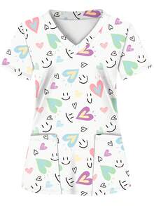 2 Pocket Women's Scrub Top, Soft, Breathable, Practical Scrub Shirt Fall Vacation - Multicolor - View 1