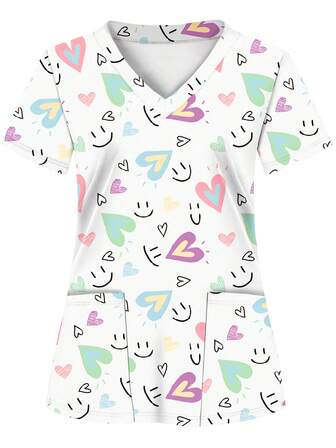 Colorful Sea Turtle Print, 2 Pockets, Women's Scrub Top, Comfortable T-Shirt For Healthcare Professionals - Soft, Breathable, Practical Uniform Suitable For Hospitals, Dental Clinics, Salons And Facilities, Nurse Workwear