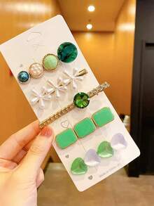 Bộ 5 chiếc kẹp tóc giả ngọc trai và đá pha lê dành cho nữ, kẹp tóc mái, kẹp tóc bên, kẹp tóc trên đỉnh đầu, phụ kiện tóc cao cấp tinh tế và ngọt ngào để sử dụng hàng ngày, kẹp tóc càng cua, kẹp tóc cài, kẹp tóc ghim. - màu xanh lá - Xem 2