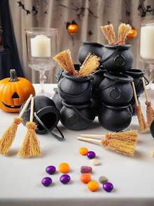 2/4/6/12 peças/conjunto mini caldeirão de plástico com mini vassouras de bruxa, pote de caldeirão de bruxa, baldes pretos com alça para porta-doces de Halloween e lembrancinhas de festa - Multicolorido - Ver 2