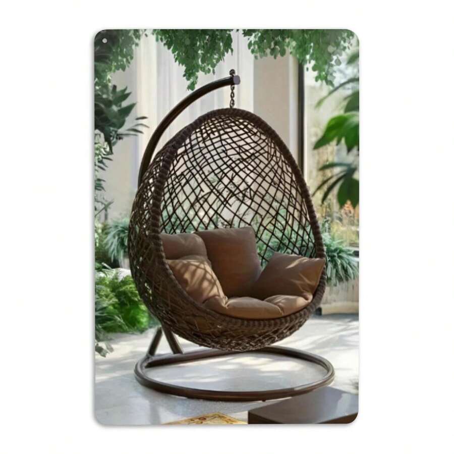 Brown Rattan Hanging Egg Chair With Stand: Indoor Outdoor Patio Swing Chair Comfortable Cushions Durable Wicker Furniture Stylish Home Decor Metal Wall Art - Nhiều màu - Xem 1