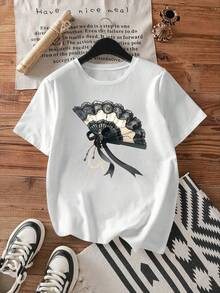 1 pcs,180g Pure Heavy,95%Polyester 5%Spandex,YOKASA Camiseta de manga corta con estampado informal de verano para mujer - Blanco-YH1041 - Ver 2