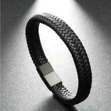 Elegant Men'S Black Woven Faux Leather Bracelet With Sleek Metal Magnetic Clasp And Bead Accents - Casual Style Accessory For Casual Attire - màu đen - Xem 3
