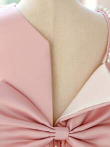 Young Girls' Faux Pearl Shoulder Sequin Mesh Bow Back Elegant Dress, Suitable For Flower Girl, Birthday Party, No Headband Included