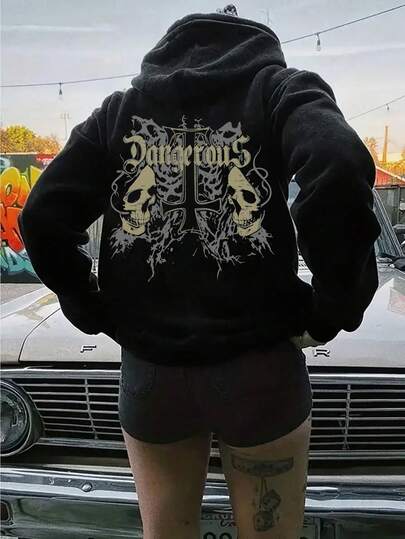 Damen Flügel Dunkel Stil Thermisch gefütterte Langarm Hoodie Sweatshirt mit Tasche, Loose Fit, Grau meliert