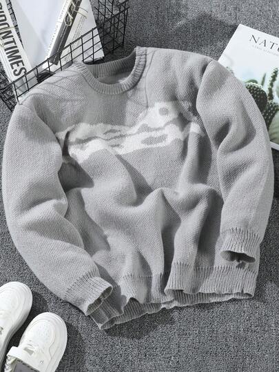 1pc Tween Boys Sweater, Warm For Autumn And Winter, European And American Style, Outdoor College Look, Unique Design, Loose-Fitting, Simple Round-Neck Knitted Pullover.