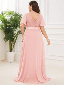 EVERPRETTY Plus Size Elegant V-Neck Ruched Bust Pink Bridesmaid Dress, Wedding Guest Formal Dress For Wedding Dinner, Birthday Party, Special Occasion Spring - Pink - View 3