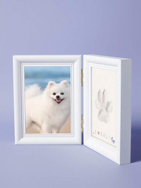 PETSIN 1pc Pet Paw Print Photo Frame, No Colorful Accessories, No Letter Board, Includes Claypaw Print Kit, Cat Or Dog Memorial Gift, Pet Home Decor, Wooden Desktop Frame, Pure White