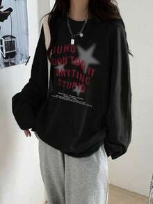 Women's Loose Fit Letter Print Long Sleeve Cotton T-Shirt, Versatile For Spring And Autumn - Black - View 3