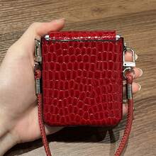 奢华韩式酒红色鳄鱼纹手机壳，配真皮防丢挂绳，兼容三星 Galaxy Z Flip 7、Z Flip 6、Z Flip 5、Z 系列，防震后盖 - 酒紅 - 查看 6