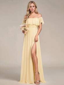 Off-Shoulder Ruffle Sleeve Side Slit A-Line Chiffon Cream Yellow Bridesmaid Dress, Wedding Guest Dress, Wedding/Graduation Ceremony - Yellow - View 7