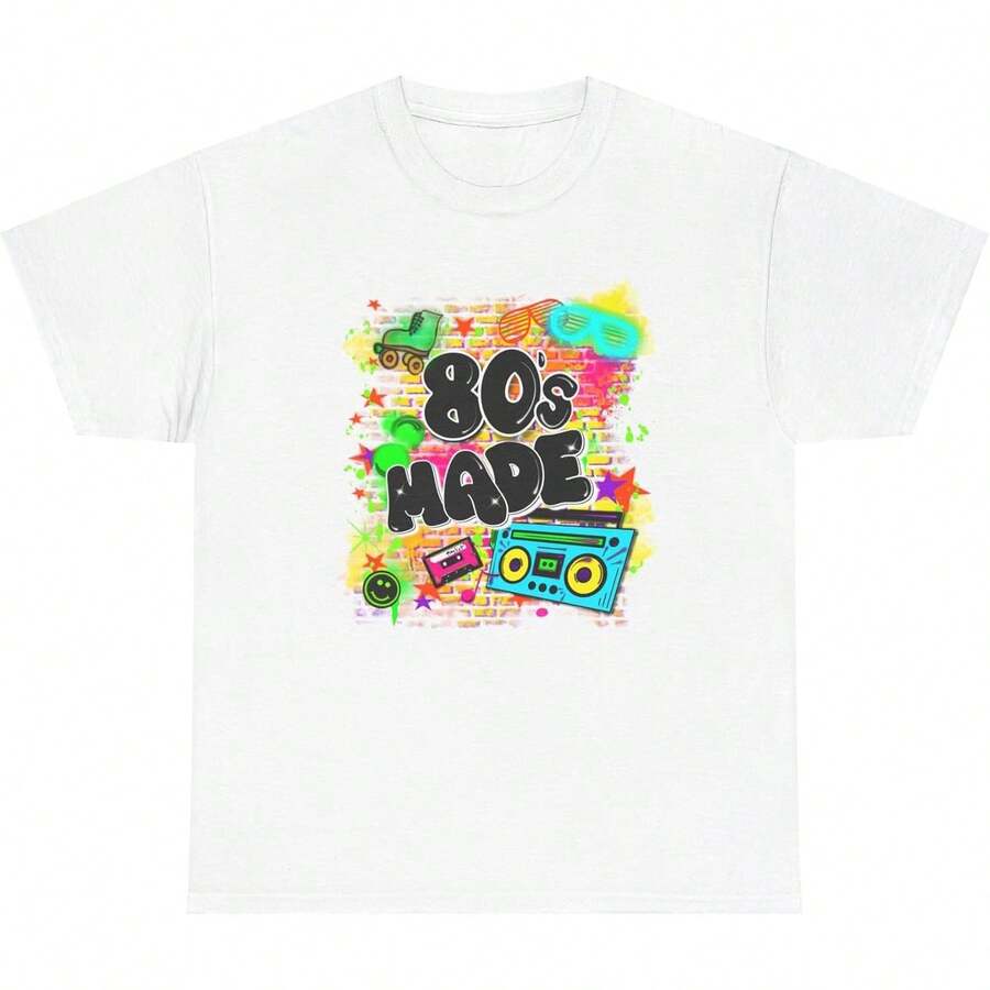 90's Style Airbrush Graffiti Design T-Shirt, Decades Available For Everyone, Colorful Hip Hop Brick Wall Shirt - 白色 - 查看 1