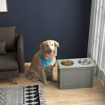  PawHut Raised Pet Bowls W/ Storage, Two Stainless Bowls, Elevated Base - Grey