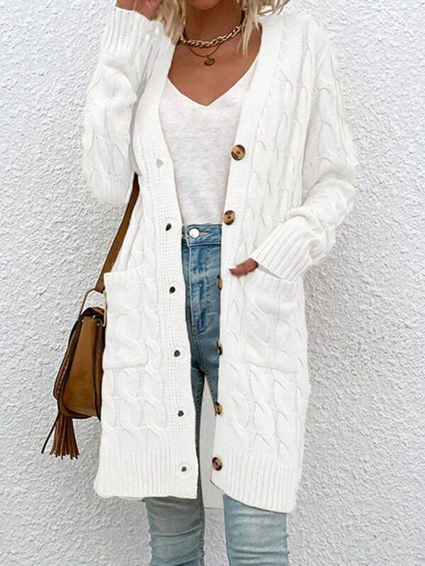 Cárdigan de punto acanalado de manga larga con bolsillos y cierre de botones, de longitud regular