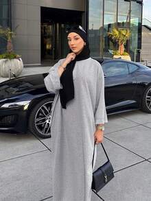 1pc Solid Color Casual Loose Fit Dropped Shoulder Mid-Sleeve Maxi Dress, Suitable For Urban Strolling, Spring/Autumn