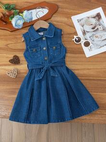 Girls' Blue Washed Denim Dress With Collar, Bronze Buttons And Fashionable Belt, Suitable For Casual Daily Wear - Blue - View 2