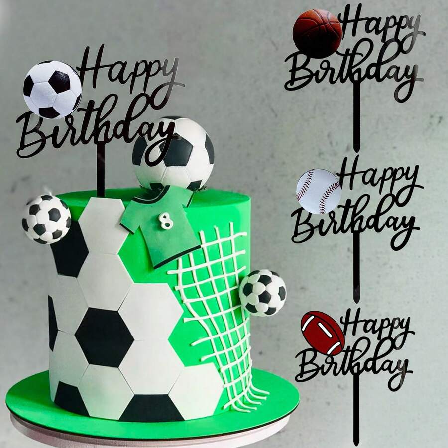 1 pieza/3 piezas/6 piezas Decoración para pastel con temática de fútbol americano/rugby de acrílico negro para fiesta de cumpleaños, diseños de fútbol americano, rugby, tenis, decoración de pastel con temática deportiva