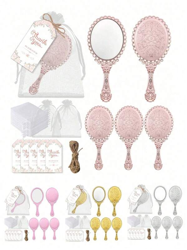 Set de 12 piezas de espejos de mano retro con relieve, espejo de mano portátil y lindo estilo princesa, espejo de mano pequeño para maquillaje con mango, espejo de mano portátil con encaje, que contiene 3 espejos, 3 bolsas de gasa, 3 etiquetas y 3 cuerdas de cáñamo, adecuado para regalos de fiesta de princesa, despedidas de soltera, fiestas de San Valentín, bodas, aniversarios
