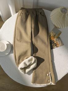 Girls Thermal Lined Pants, Casual Flared Trousers For Autumn/Winter, Thickened, Washable, Suitable For Older Tween Girl - Khaki - View 2