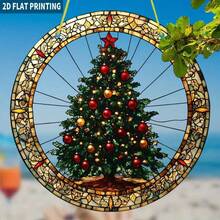 2D Flat, 1pc Vintage Stained Glass Style Christmas Tree Suncatcher - Round Acrylic Window Decor Hanging, Decorated With Red & Gold, No Power Needed, Handmade Holiday Home Decor, Suitable For Halloween & Christmas, Seasonal Gift For Family & Friends - Multicolor - View 5