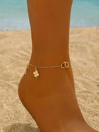 1件 时尚百搭简约锆石四叶草吊坠脚链