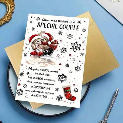 Cartão de Ursinho de Pelúcia "Desejos de Natal para um Casal Especial" Um cartão fofo e festivo com ursinhos de pelúcia patinadores, perfeito como um doce presente de Natal para enviar alegria natalina e votos calorosos a um casal querido, seja ele amigos, familiares ou colegas.