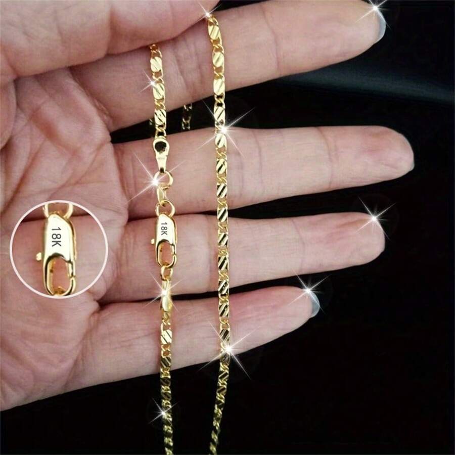 1pc 18K Gold 2mm Flat Chain Necklace 16-30 Inch - Versatile, Elegant, Perfect For Women Couples Valentine's Day Fashion Gift Jewelry Accessories - Gold - View 1