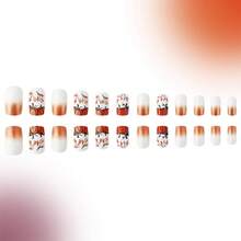 24 Pcs Fall Thanksgiving Orange Press On Nails Short Square - ZWENJIE Cute Glitter Fake Nails Press Ons Nail Art Tips With Autumn Leaves Lattice Design Full Cover Acrylic False Nails Glue On Nails Kit - 款式 J04 - 查看 3