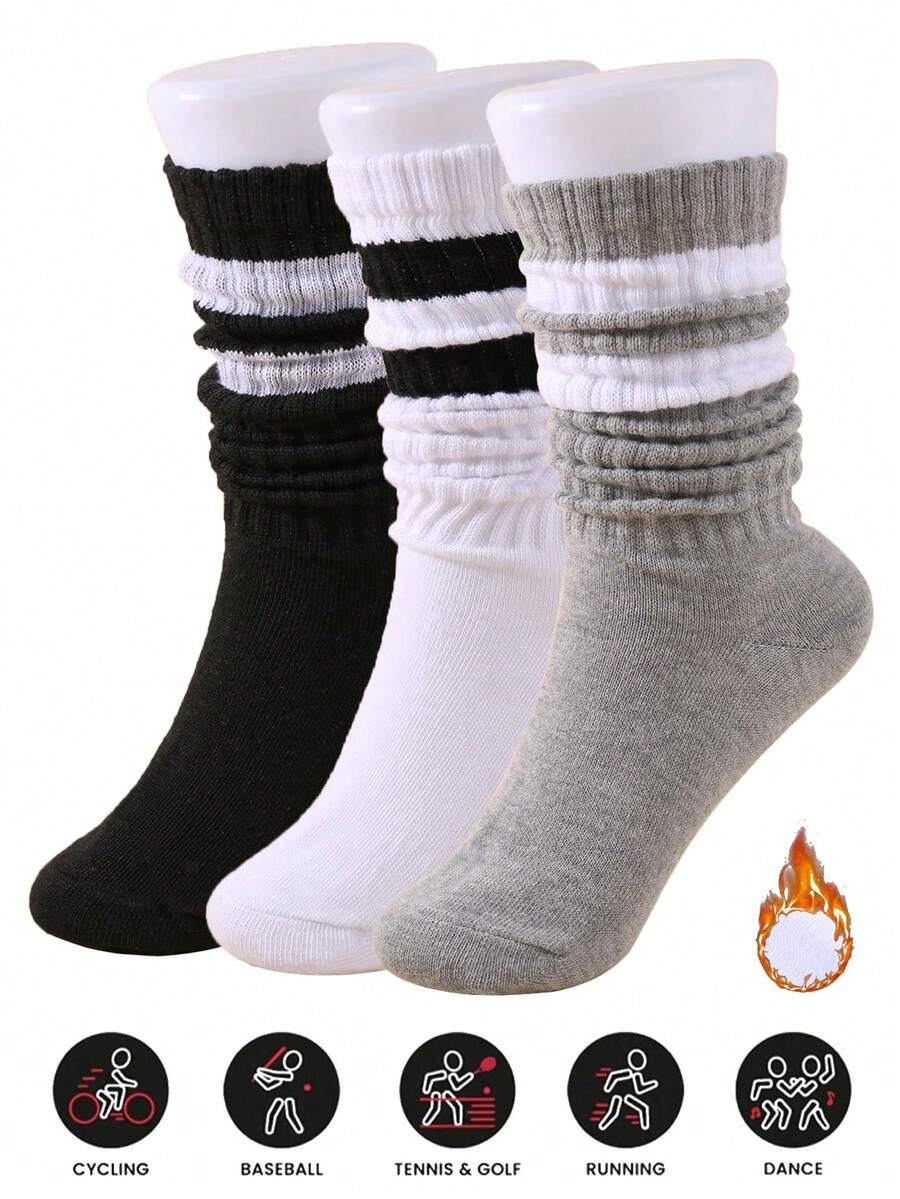 1/3 Perechi Șosete Tricotate Lejere pentru Femei, Cu Dungi, Toamnă și Iarnă, Șosete Lejere cu Dungi, Șosete Scrunch, Șosete Scrunchie, Șosete Crew, Moi, Confortabile, Calde și Respirabile, La Modă, Negru, Alb, Gri, Cadouri Perfecte pentru Drumeții, Înapoi la școală, Halloween și Crăciun