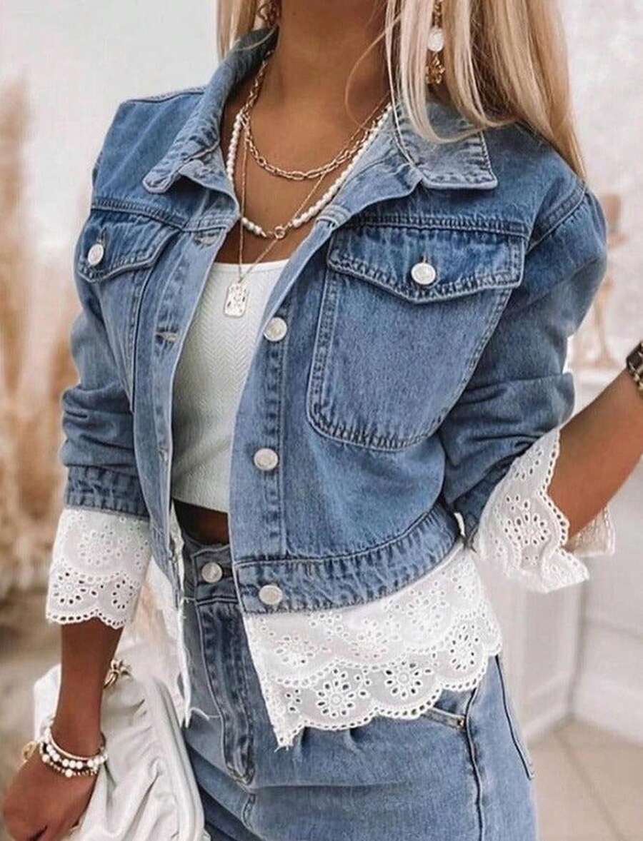 Women's Casual Loose Denim Jacket, Paired With Lace Patchwork Decoration, Sweet And Cute, Suitable For All Seasons, Suitable For Daily Outings, Vacations, Dates, Parties, Country Concerts - 淺色水洗藍 - 查看 1