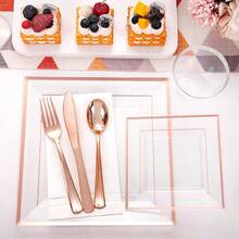 350Pcs Rose Gold Plastic Plates Clear Rose Gold Disposable Dinnerware Sets For 50Guests Include 100 Plates 50 Cups 50Plastic Cutlery 50Napkins Perfect For PartyWeddingMother's Day - 方形透明玫瑰金 - 查看 3